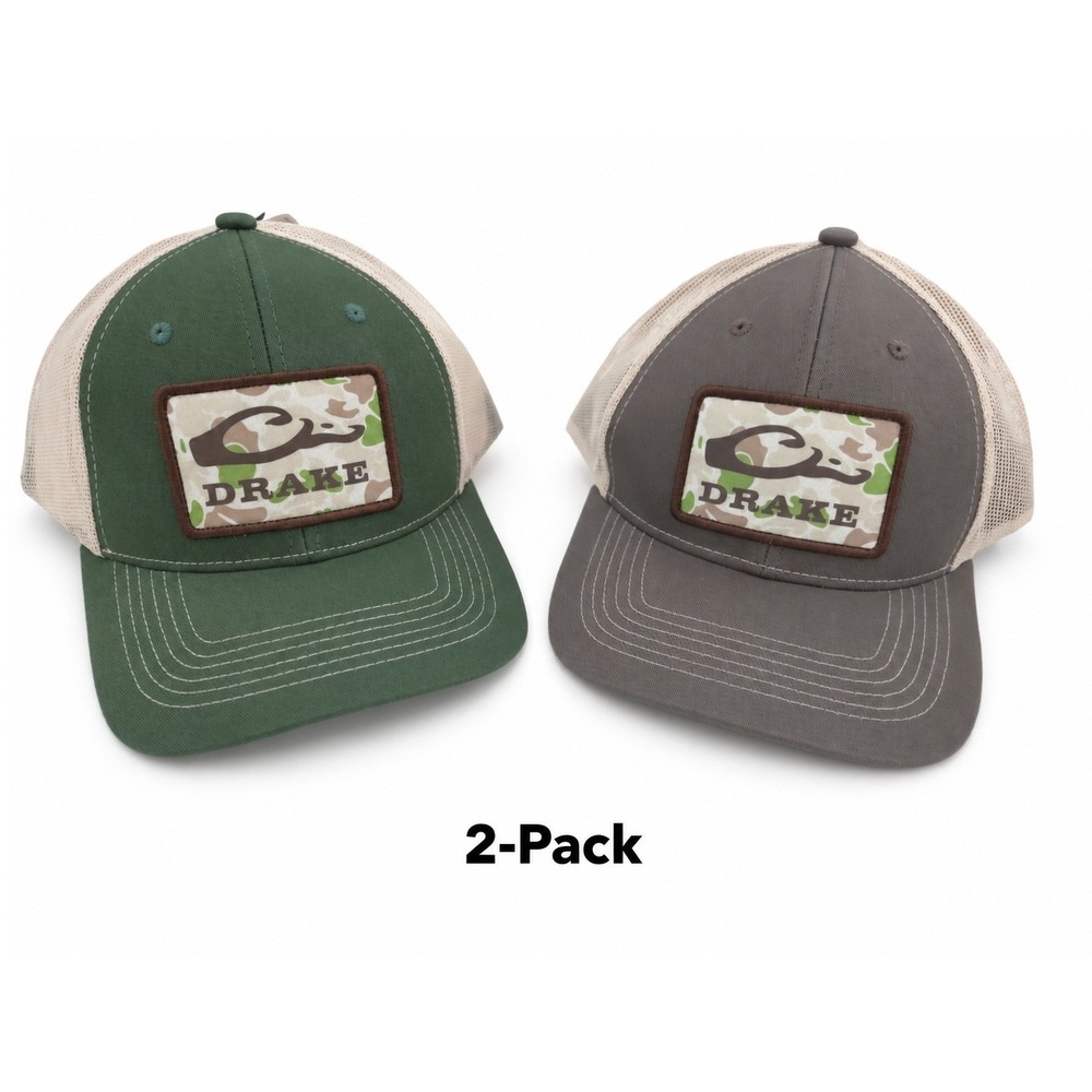 (LOT 2) Drake Waterfowl Trucker Hats Mens Green Gray Camo Patch Adjustable NEW